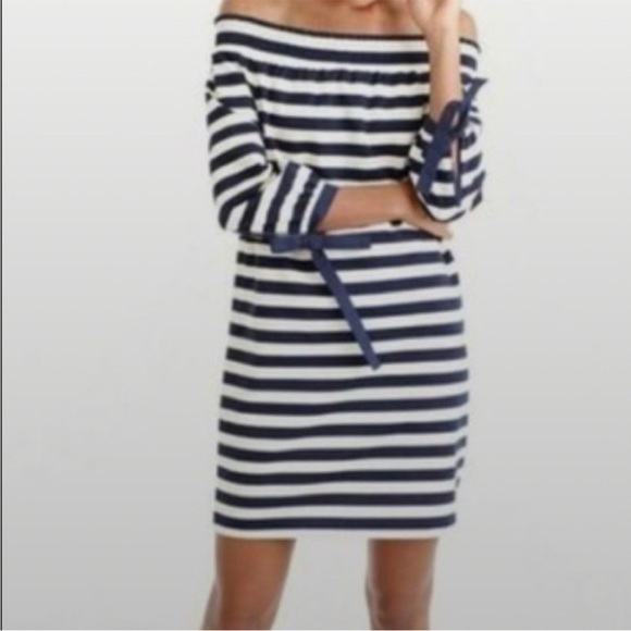 J.Crew Off Shoulder Nautical Stripe Dress | Bow Sleeve | 100% Cotton Size Large - Picture 2 of 7